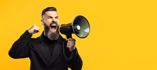 Black Friday flyer template with euphoric man on a yellow background using megaphone and copy space