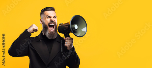 Black Friday flyer template with euphoric man on a yellow background using megaphone and copy space