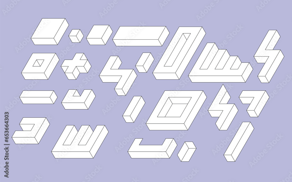 Isometric shapes. 3D geometric form, flat geometry line shapes. Black and white vector geometric illustration Isometric shapes. 3D geometric form, flat geometry line shapes. Black and white vector geometric illustration