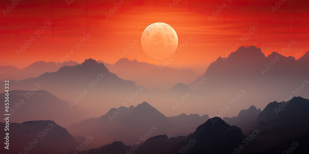 AI Generated. AI Generative. Minimalistic nature outdoor landscape with mountains hills and full moon in red vintage retro style. Graphic Art