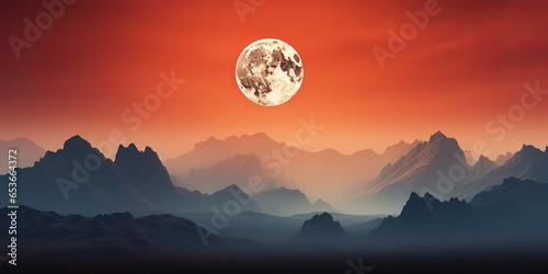 AI Generated. AI Generative. Minimalistic nature outdoor landscape with mountains hills and full moon in red vintage retro style. Adventure explore travel background motivation © Graphic Warrior