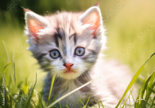 Cute little kitten sitting in the grass on a sunny day. © Anton Dios