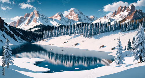 Fantastic winter landscape with snow-capped mountains and lake