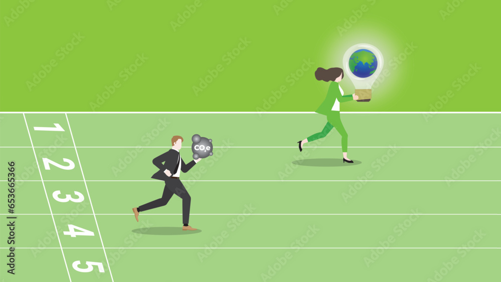 A businesswoman runs and holds the world light bulb on race track. Idea of ESG competition, Sustainability, Sustainable Development, Green business, Environmental policy, and save the planet concept. A businesswoman runs and holds the world light bulb on race track. Idea of ESG competition, Sustainability, Sustainable Development, Green business, Environmental policy, and save the planet concept.