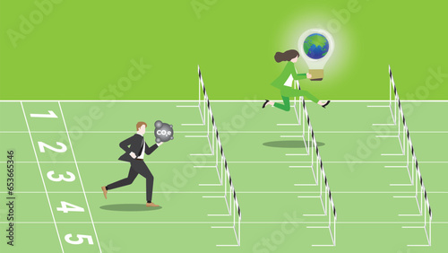 Businesswoman holds the world light bulb  runs and jumps over obstacles on a racetrack. Idea of ESG competition  Environmental policy   Sustainability  Sustainable Development  Green business concept.