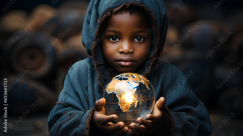 African american little girl holding a globe in her hands. Ecology concept. - obrazy, fototapety, plakaty 