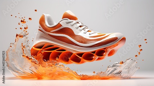 White and Orange Running sports shoes with style and fashion with orange splashes suspended on white background