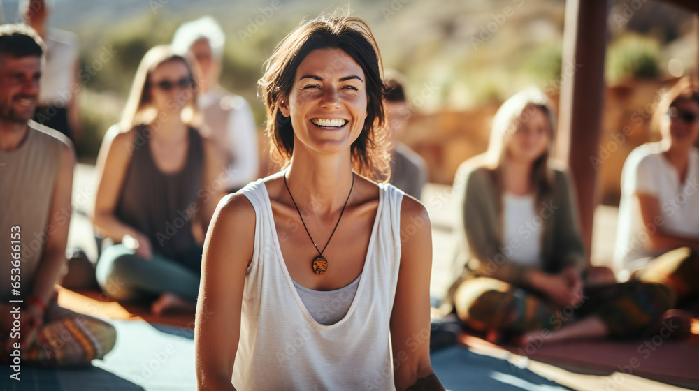 portrait of a happy and smiling yoga teacher in yoga retreat on island. People sitting in lotus position in background, sunny day, natural colors. Generation AI - obrazy, fototapety, plakaty 