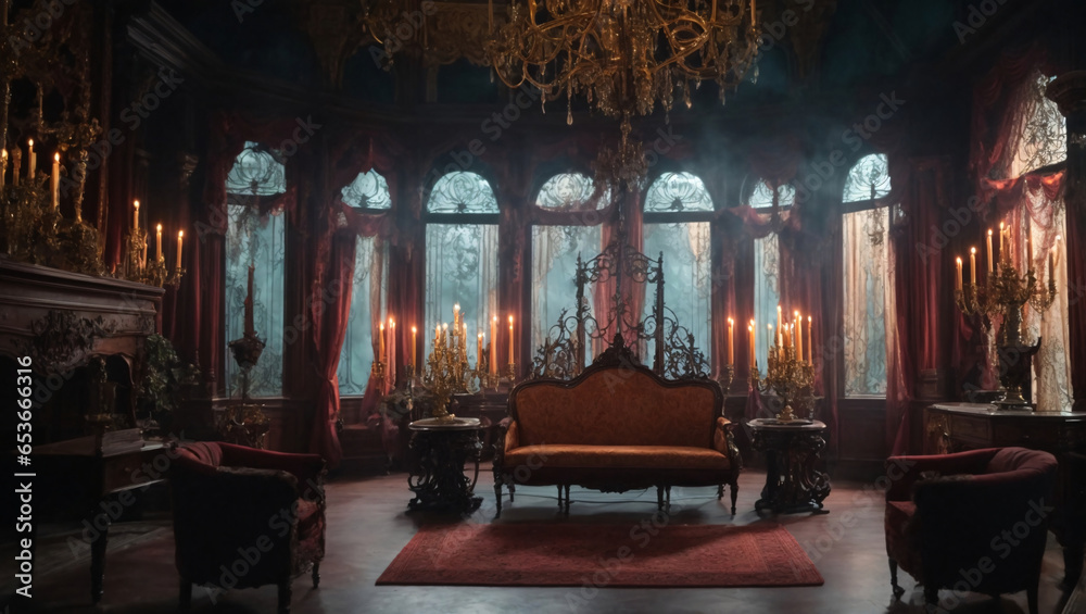 Halloween-themed, Haunted Mansion Interior: A spooky backdrop featuring the interior of a haunted mansion, complete with cobwebs, candelabras, and eerie decor, generative Ai Halloween-themed, Haunted Mansion Interior: A spooky backdrop featuring the interior of a haunted mansion, complete with cobwebs, candelabras, and eerie decor, generative Ai
