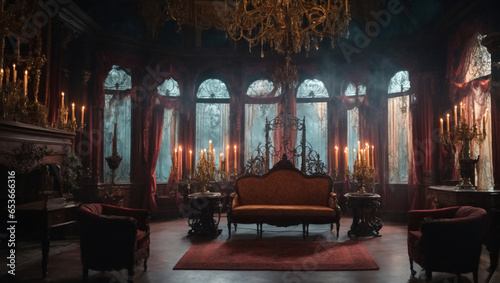 Halloween-themed, Haunted Mansion Interior: A spooky backdrop featuring the interior of a haunted mansion, complete with cobwebs, candelabras, and eerie decor, generative Ai