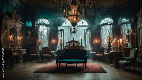 Halloween-themed, Haunted Mansion Interior: A spooky backdrop featuring the interior of a haunted mansion, complete with cobwebs, candelabras, and eerie decor, generative Ai