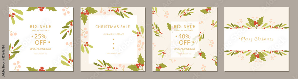 Fototapeta premium set of winter foliage square template. Suitable for social media posts, greeting card, invitation, banner and web ads