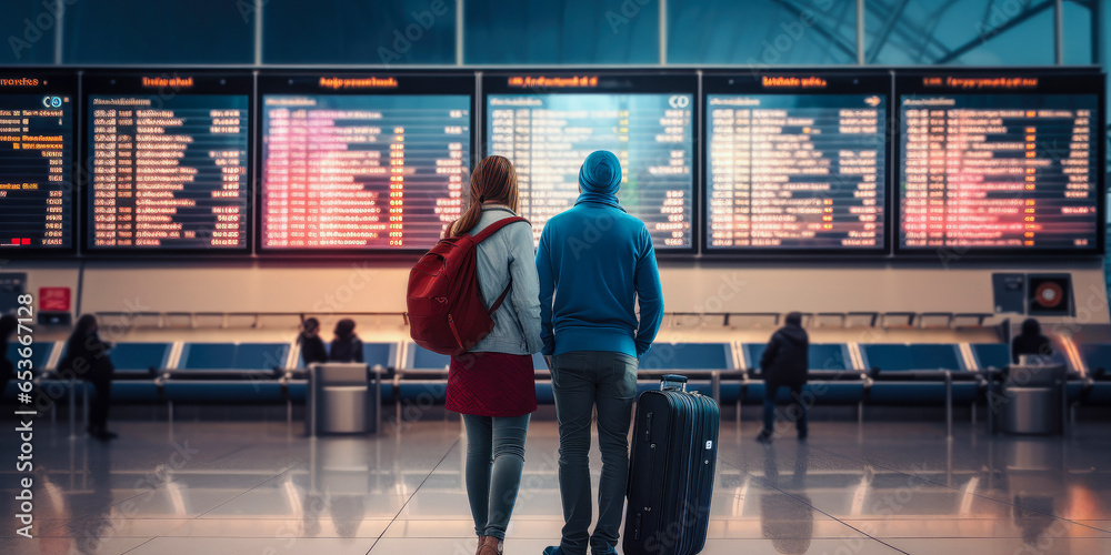 Young couple with suitcases in airport departure terminal looking at the flight information board - plane traveling concept - obrazy, fototapety, plakaty 