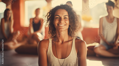 portrait of a happy and smiling yoga teacher in yoga retreat on island. People sitting in lotus position in background, sunny day, natural colors. Generation AI