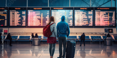 Young couple with suitcases in airport departure terminal looking at the flight information board - plane traveling concept photo