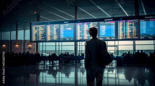 business man with backpack in airport departure terminal looking at the flight information board - plane traveling concept