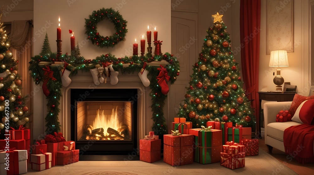interior christmas. magic glowing tree, fireplace, gifts in the dark