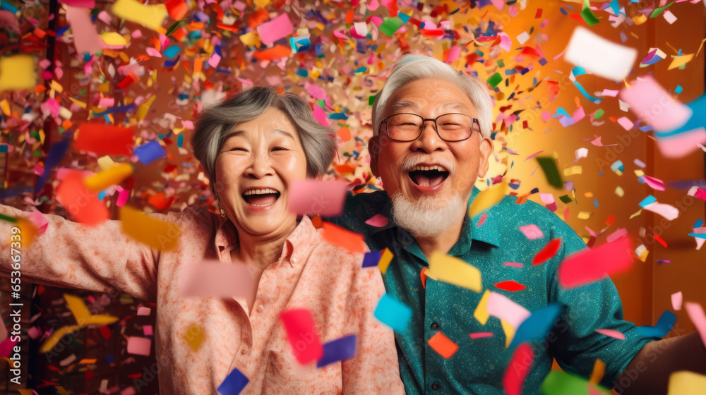 Happy senior couple celebrating birthday and in retirement with confetti and fun. Happy senior couple celebrating birthday and in retirement with confetti and fun.