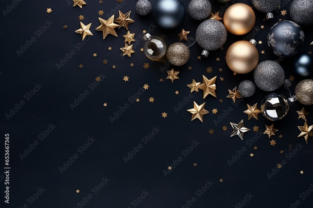 top view of Christmas ornaments with gifts and copy space top view of Christmas ornaments with gifts and copy space