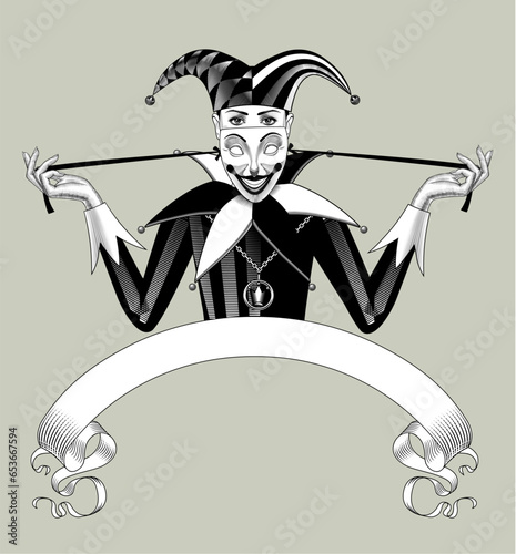 A beautiful girl in a joker costume and hat holds a smiling joker mask in her hands on an old banner. Vintage engraving with a black and white stylized pattern. Vector illustration