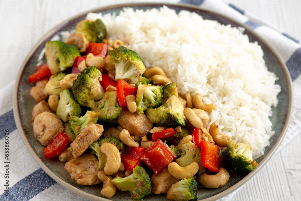 Homemade Cashew Chicken Stir-Fry on a Plate, side view.