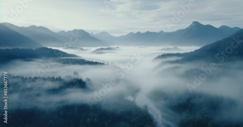 fog-kissed mountain range unveiling the enigmatic dance of shadows and light