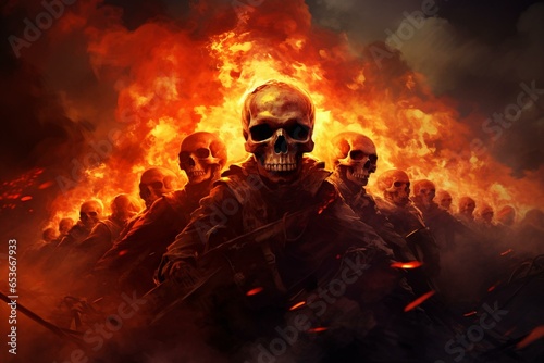 Illustration of burning skulls in the war between Russia and Ukraine. Generative AI