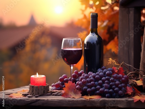 a bottle of wine with a glass, grapes, on a rustic table, vineyard in background, sunset light, warm tones, Generative AI