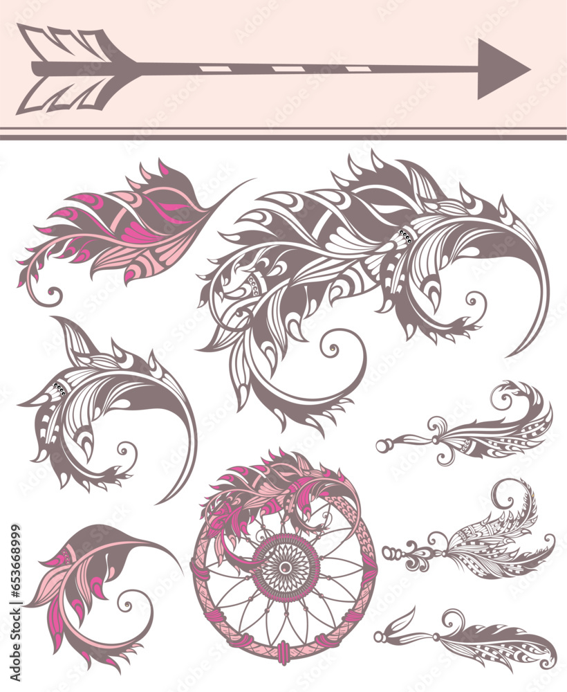 Fototapeta premium Hand drawn doodle boho style dividers, borders, arrows design elements, dream catchers. May be used for wedding invitations, birthday cards, bannersector floral decor set