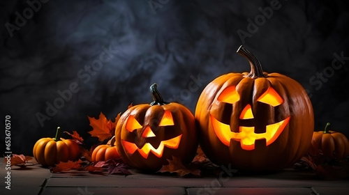 Stylish Halloween pumpkins with spooky festive dark background. Trick or treat decoration concept. Generative AI