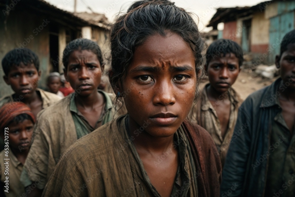 The raw and gritty reality of poverty, captured in the faces of a group of lost and hungry people, their eyes filled with longing for a better life.