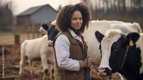 Curly dark-skinned female veterinarian examining cattle