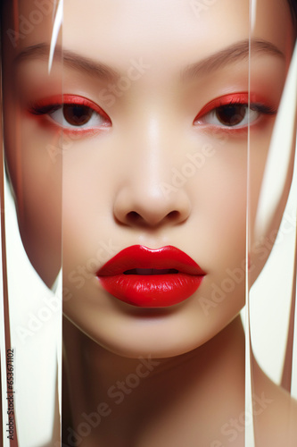 A close-up portrait of a young Asian woman with red lipstick, showcasing elegance and creativity.