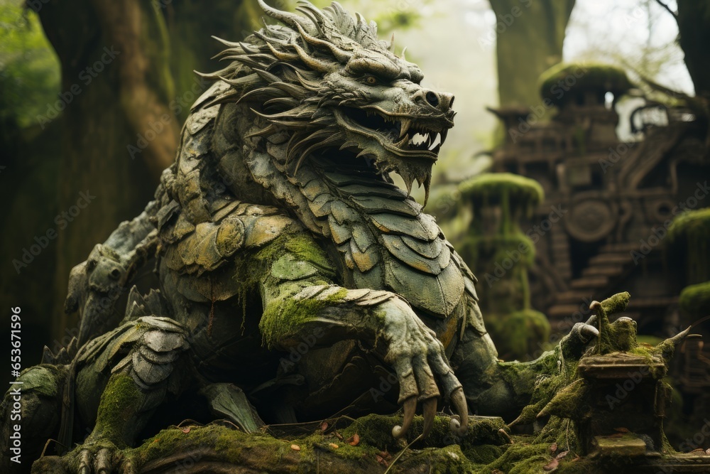 Dragon coiled around an ancient, moss-covered tree in a mystical forest, Generative AI
