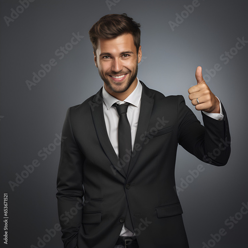 Confident Salesman Showcasing Product with Copy Space on Gray Background Professional Sales Presentation