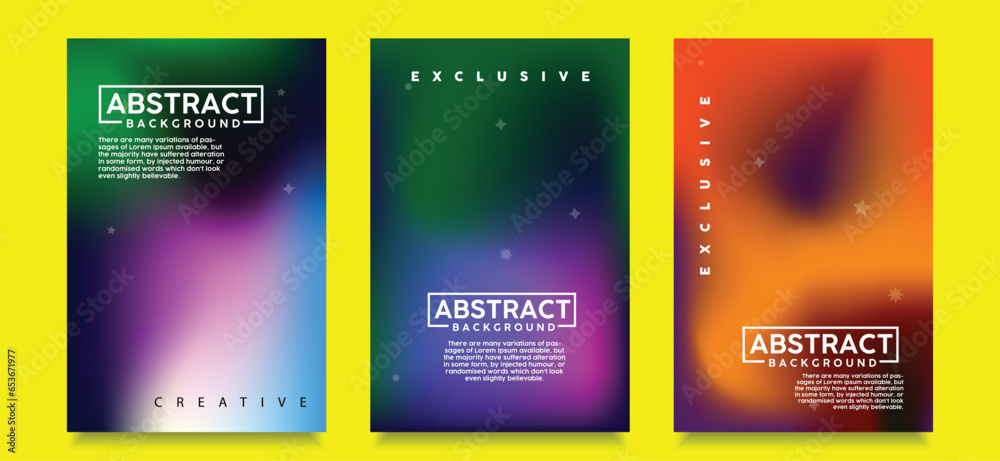 Colorful fluid and wavy gradient mesh background template copy space set. Dynamic colour gradation flow backdrop holo design for poster, banner, flyer, magazine, cover, brochure, festival, or event