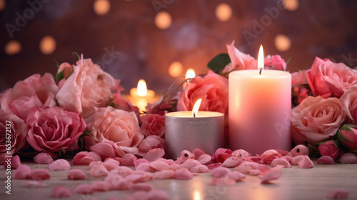 Candles and pink rose petals. A romantic background
