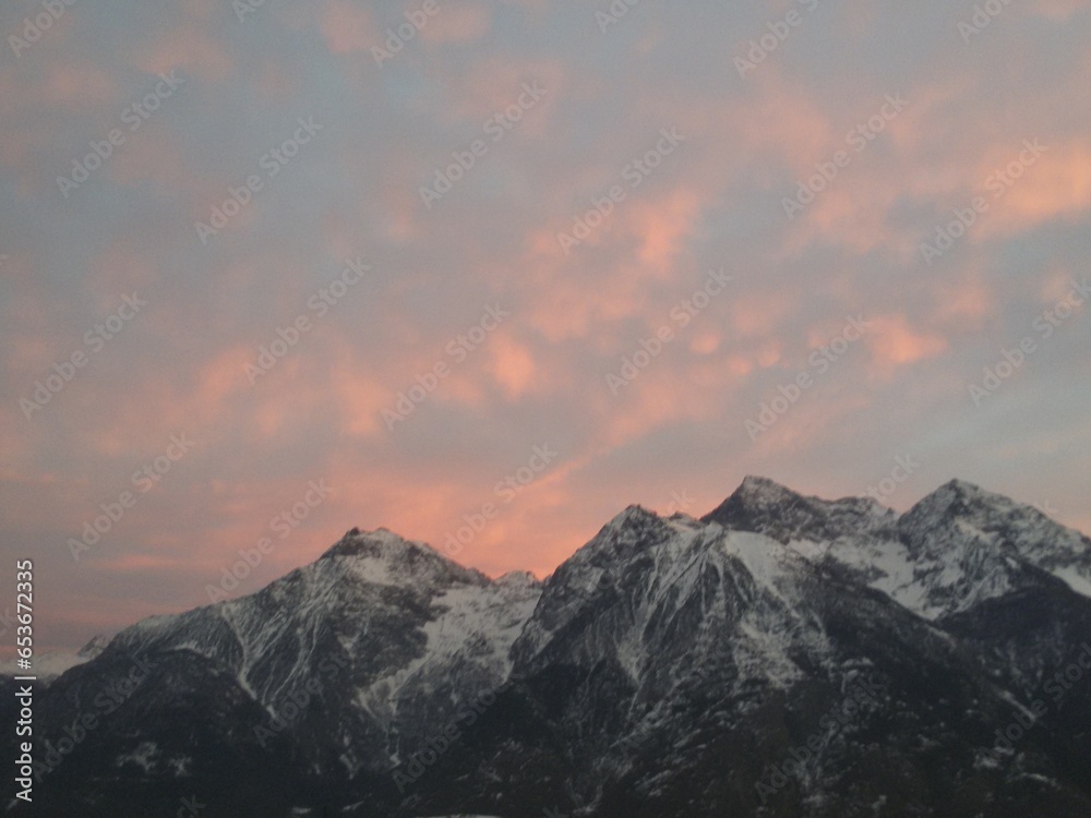 Mountain sunset blue sky snow