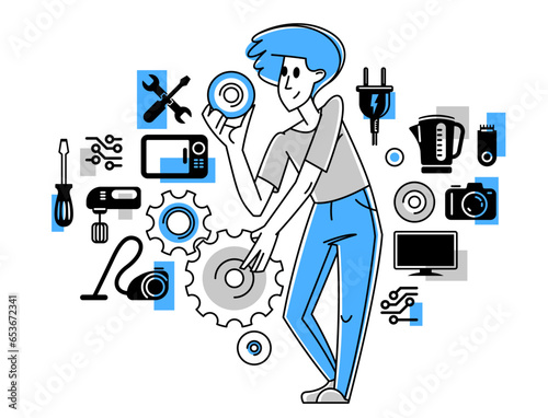 Technician engineer repairing household appliances, repairman service vector outline illustration, engineer fixing and upgrading different technics.