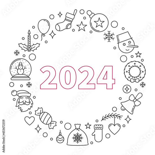 Merry Xmas 2024 thin line vector Greeting Card. Happy New Year round illustration