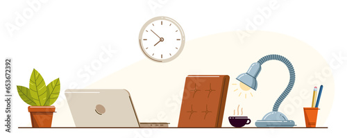 Place of work office table desk vector flat illustration isolated over white, work from home comfortable work space concept, empty chair nobody vacant job concept.