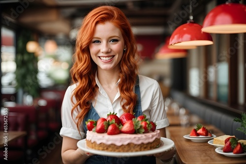 Young female waitress presents a piece of colorful cake with blueberries and marzipan inside restaurant background. Generative Ai.