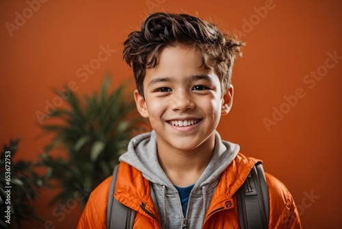 Portrait of happy schoolboy with backpack on solid orange background. Generative Ai.
