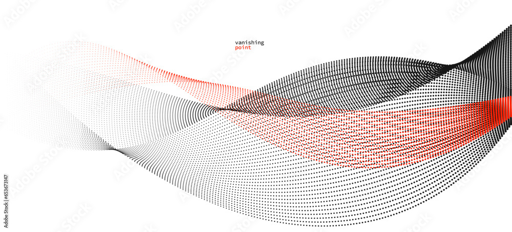 Fototapeta premium Wave of flowing vanishing particles vector abstract background, red and black curvy lines dots in motion relaxing illustration, smoke like image.