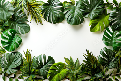 Group of green leaves on white background with place for text.