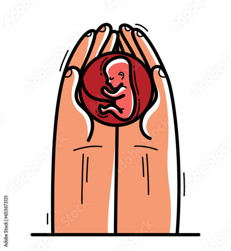 Two hands with fetus embryo protecting and showing care vector flat style illustration isolated on white, cherish and defense for unborn children and pregnancy concept.
