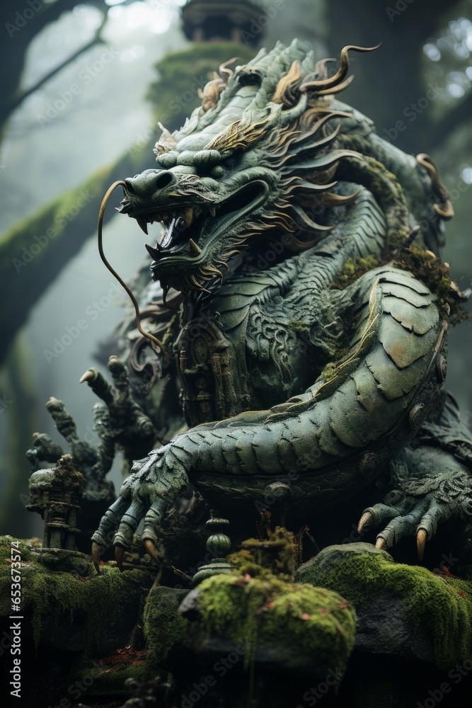 Dragon coiled around an ancient, moss-covered tree in a mystical forest, Generative AI