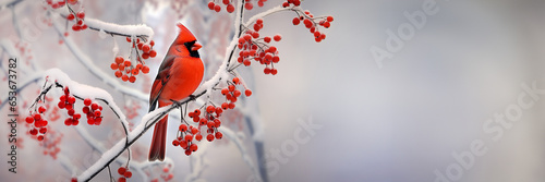 Fotografia Red cardinal bird on a frosty tree branch with snow red berries in winter, Holid