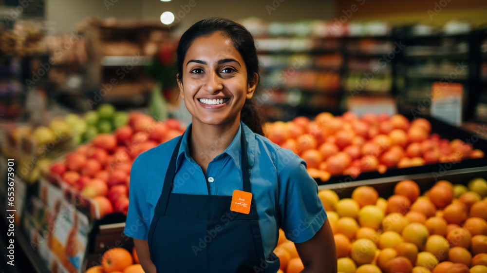 Close up portrait  of  female employee working in grocery store with smile on face standing in supermarket and looking at camera, with fruits on the shelf of supermarket as background Generation AI