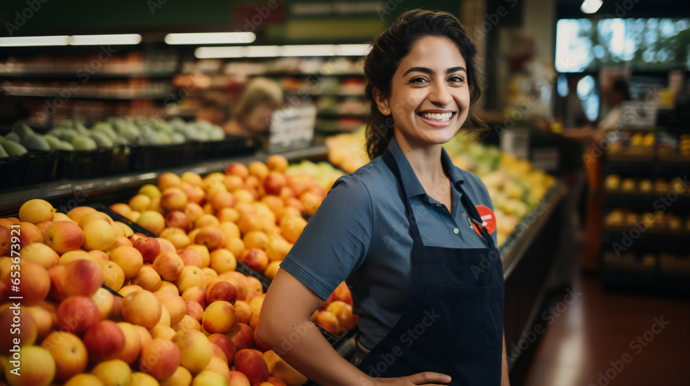 Close up portrait  of  female employee working in grocery store with smile on face standing in supermarket and looking at camera, with fruits on the shelf of supermarket as background Generation AI